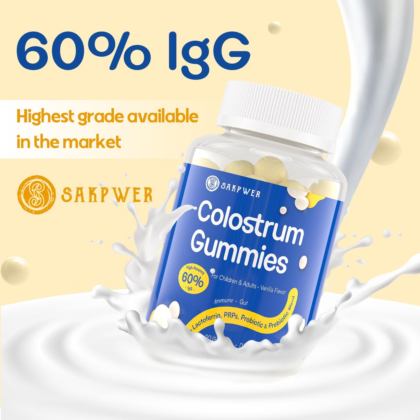 Sakpwer Bovine Colostrum Supplement Gummies, 90 Count