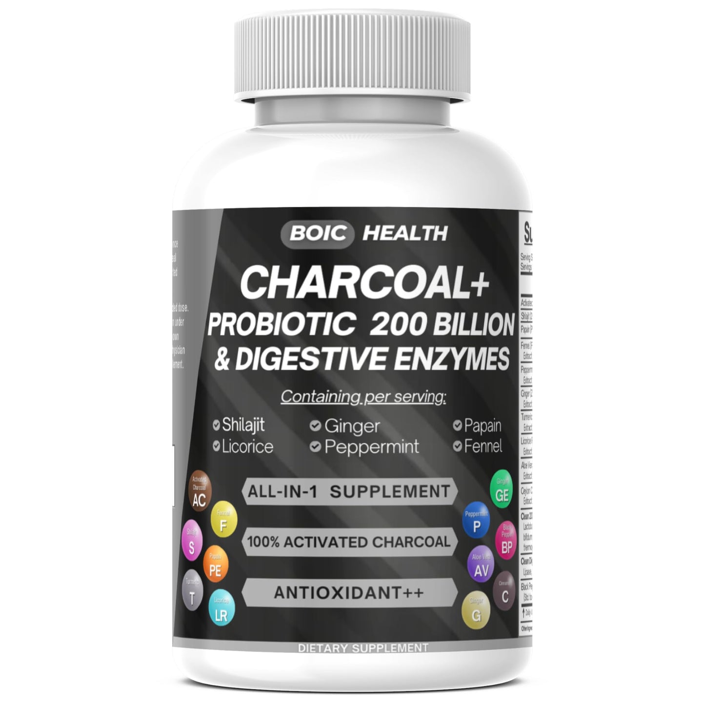 BOIC Activated Charcoal Capsules Extra Strength with Shilajit, 200 Billion CFU Probiotics, Digestive Enzymes, Peppermint, Fennel, Licorice & Ginger, 120 Capsules