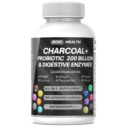 BOIC Activated Charcoal Capsules Extra Strength with Shilajit, 200 Billion CFU Probiotics, Digestive Enzymes, Peppermint, Fennel, Licorice & Ginger, 120 Capsules