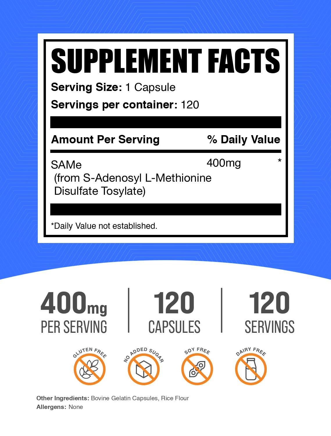 BulkSupplements S-Adenosyl-L-Methionine 400mg Capsules, 120 Capsules
