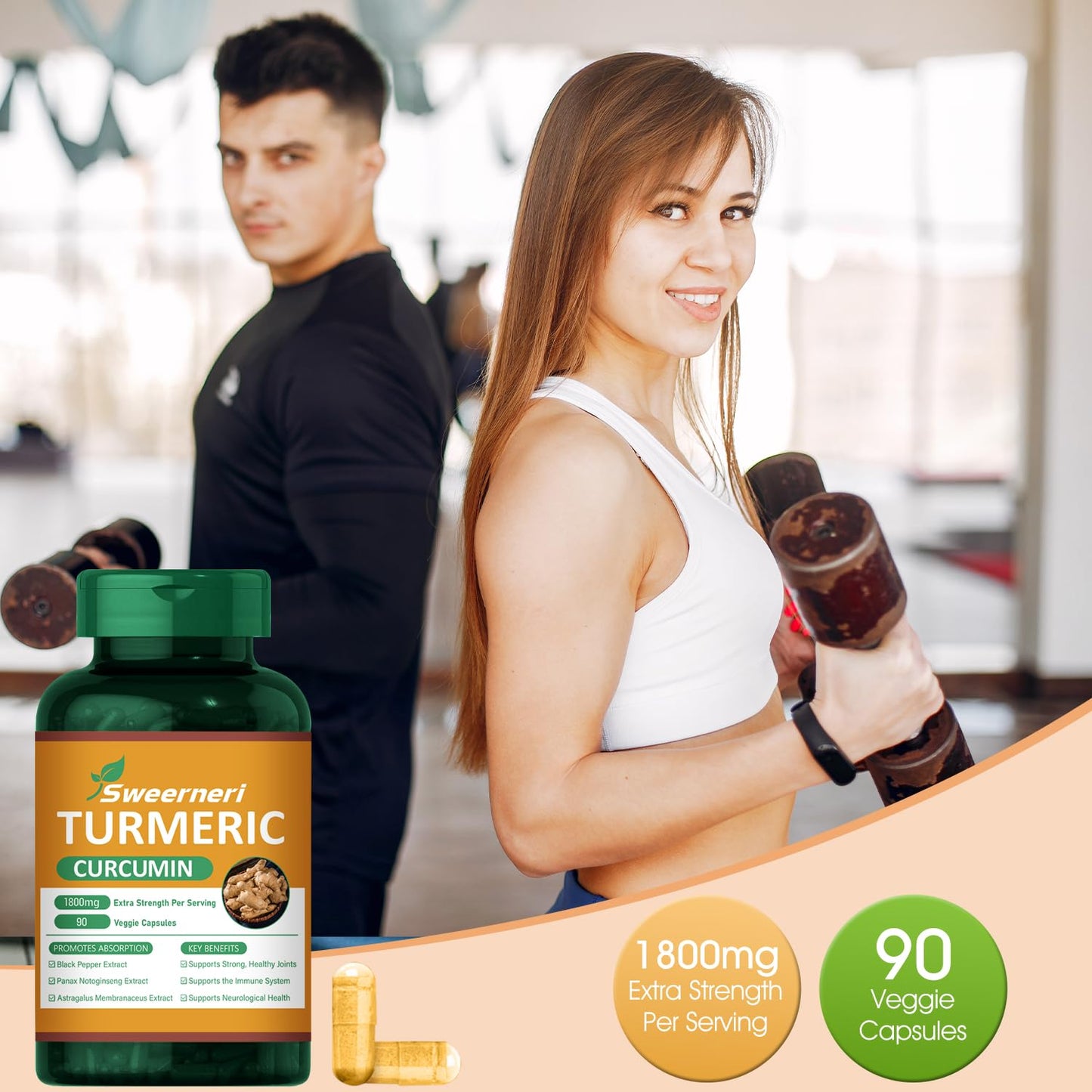 Sweerneri Turmeric Curcumin 1800mg with 95% Curcuminoids & Black Pepper – High Absorption Formula for Joint, Inflammation & Immune Support – Extra Strength, Vegan, Non-GMO – 90 Capsules