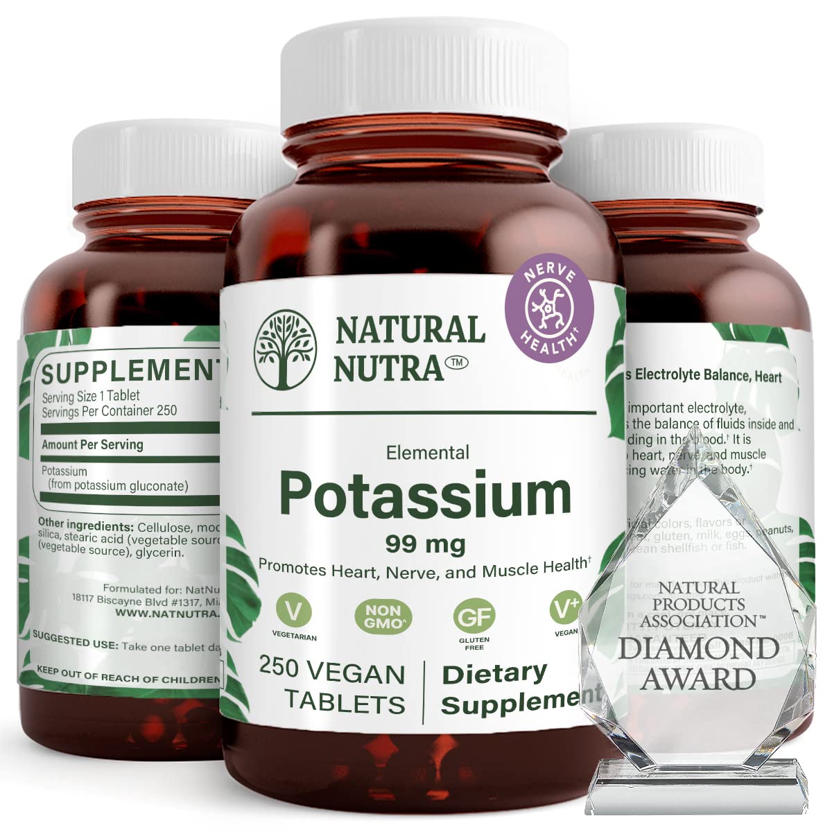 Natural Nutra Elemental Potassium Gluconate 99 mg Dietary Supplement Tablets 250