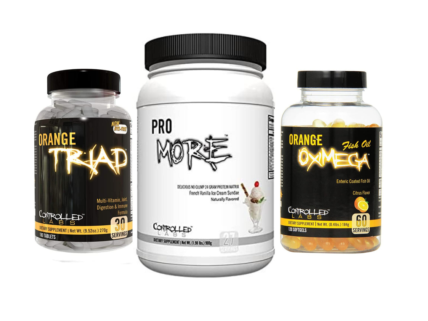 CONTROLLED LABS Orange Triad, Orange Oximega Fish Oil, PROmore Protein French Vanilla Ice Cream Sundae Bundle, 120 Softgels, 3 Count