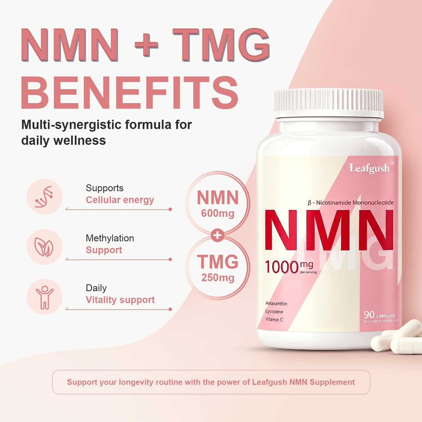 Leafgush NMN Supplement 1000mg Complex NAD+ Precursor Support with NMN 600mg & TMG 250mg Nicotinamide Mononucleotide Formula with Astaxanthin, Lycopene & Vitamin C, 5-in-1 Daily Cellular Energy Support Capsule 90 Count