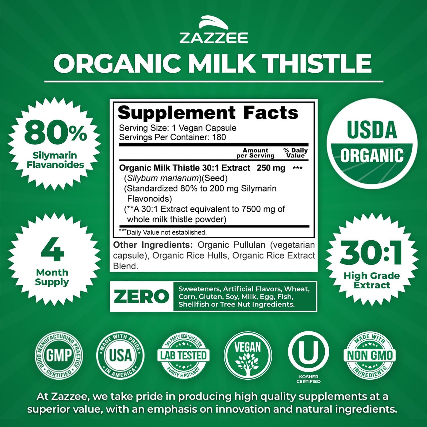 Zazzee Milk Thistle 30:1 Extract, 80% Silymarin, USDA Organic Capsules, 180 Count