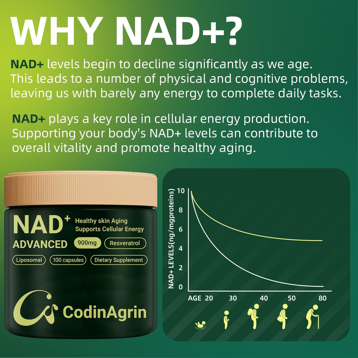 CodinAgrin NAD+ Supplement with Resveratrol 900mg Nicotinamide Adenine Dinucleotide Complex for Cellular Energy Repair, Anti-Aging & Mental Clarity Support Capsule, 100 Capsules