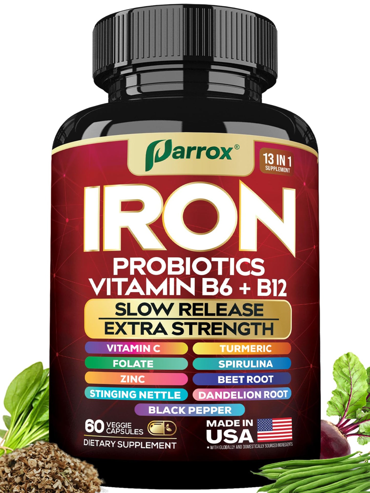Parrox Iron Supplement Capsules, Slow Release with Probiotics and Spirulina, 60 Count