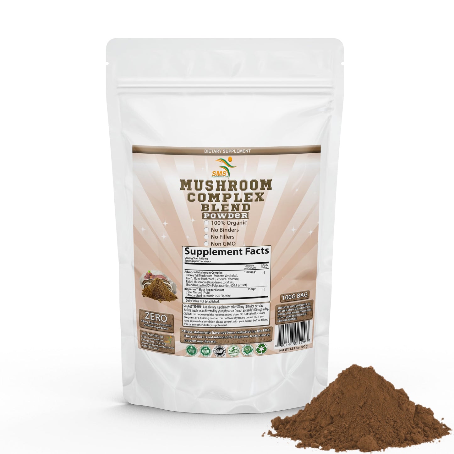 SMSHEALTHPRODUCTS.com Mushroom Complex Blend Powder Immune Support, Lion's Mane, Reishi Ganoderma & Turkey Tail Mushroom Extracts, 3.52