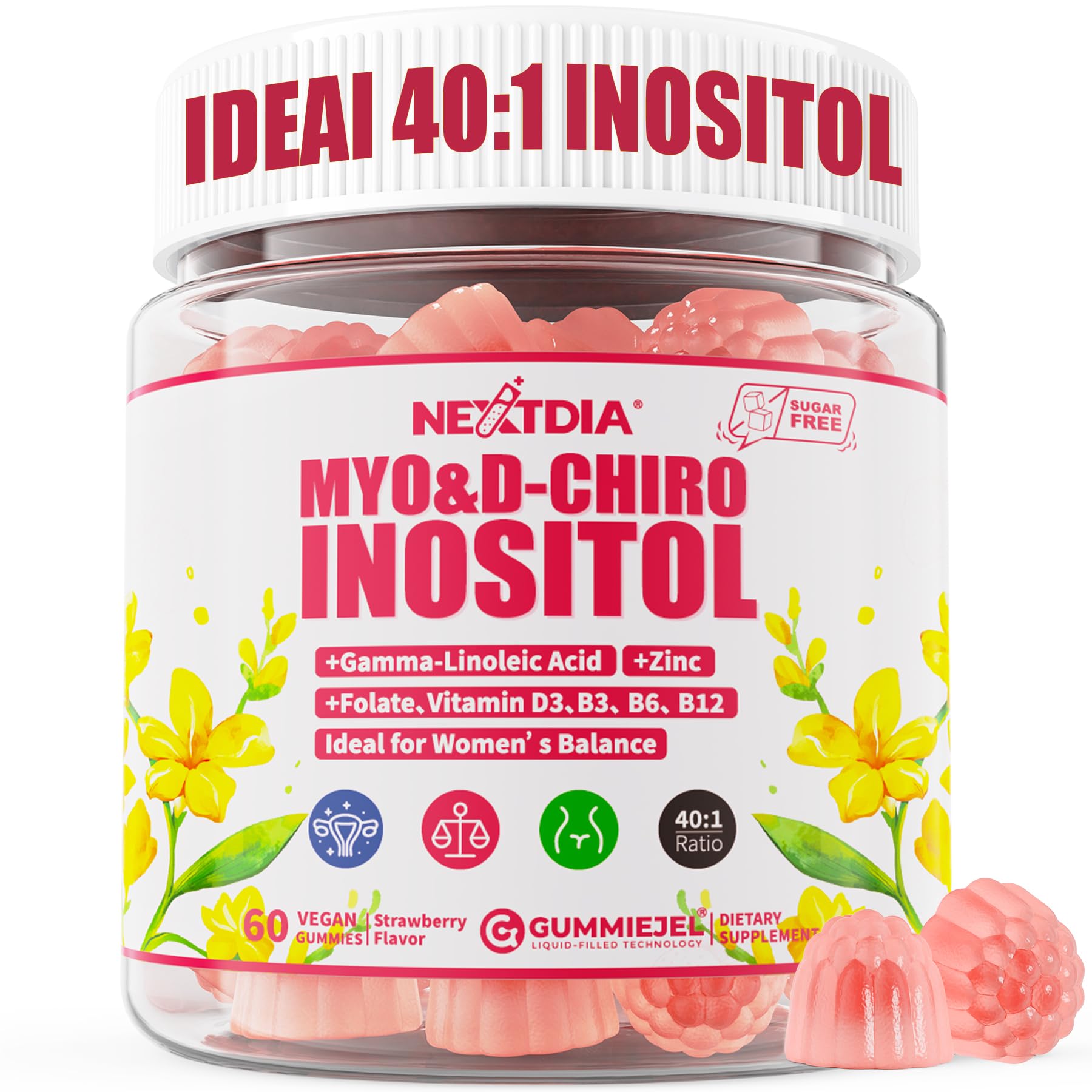 Nextdia Inositol Gummies with Evening Primrose Oil, 40:1 Ratio Myo-Inositol 2000mg & D-Chiro Inositol 50mg, Vitamin D3 B6 B12 & Zinc, Sugar-Free, Vegan, 60 Gummies