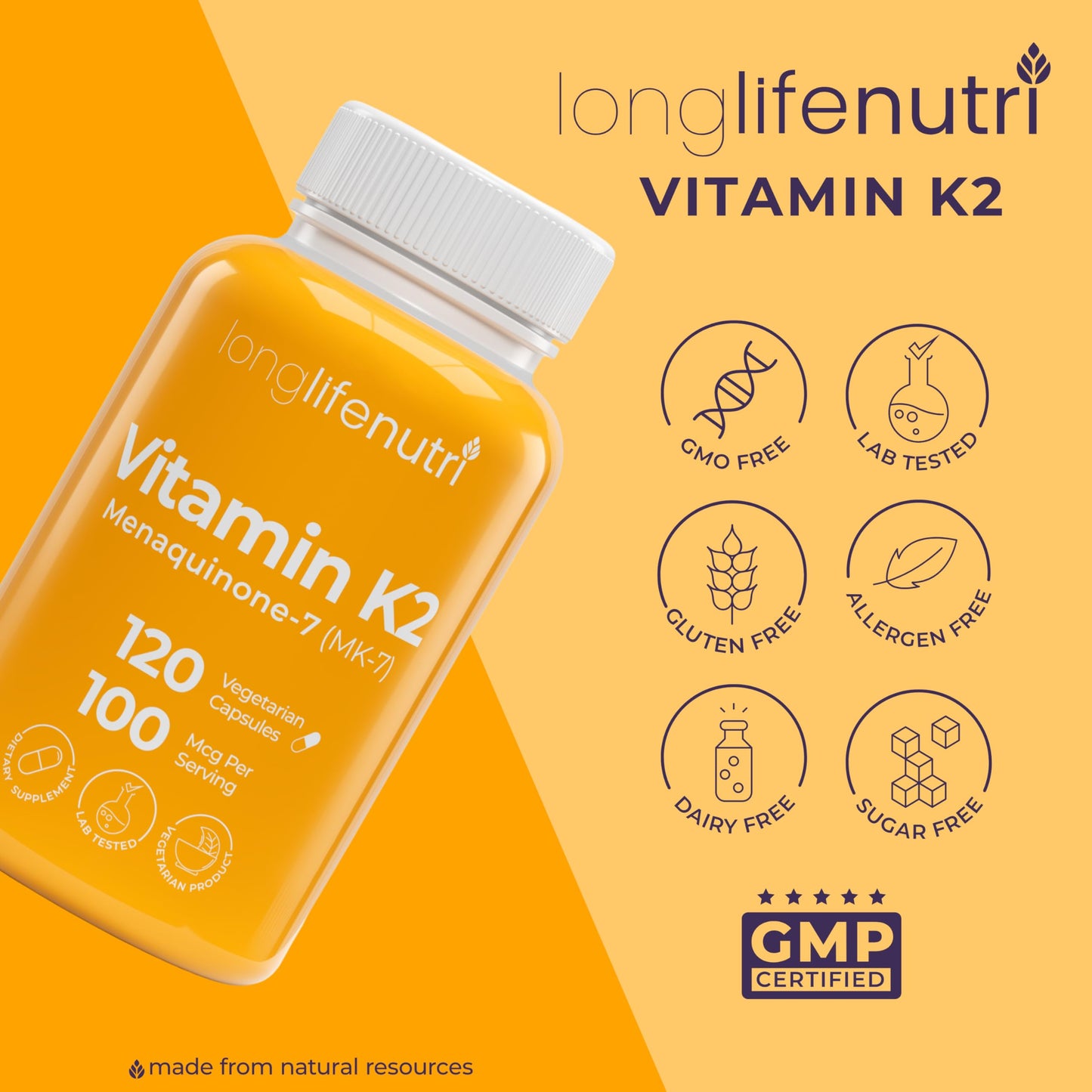 LongLifeNutri Vitamin K2 MK-7 100mcg Capsule, 120 Count