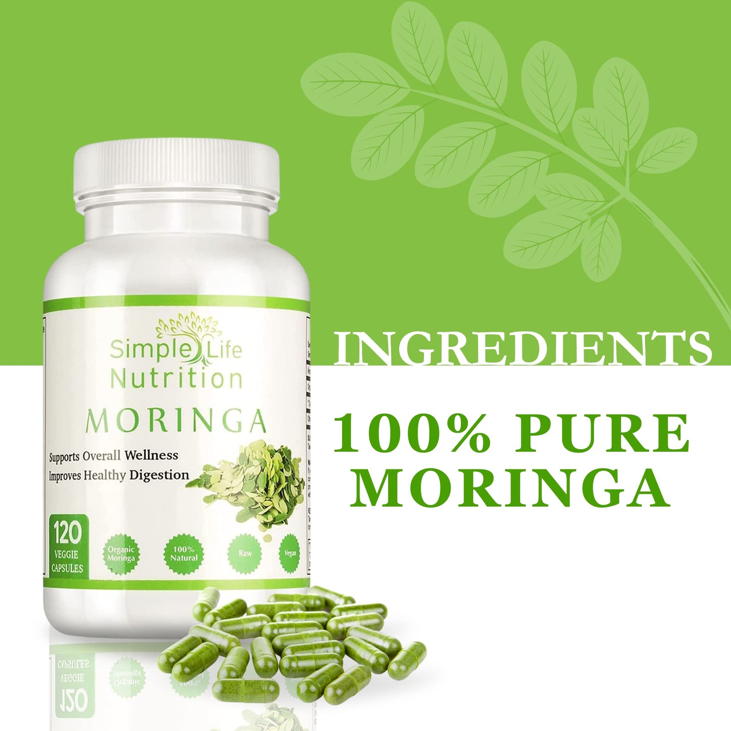 Simple Life Nutrition Organic Moringa Powder Capsules 120 Count