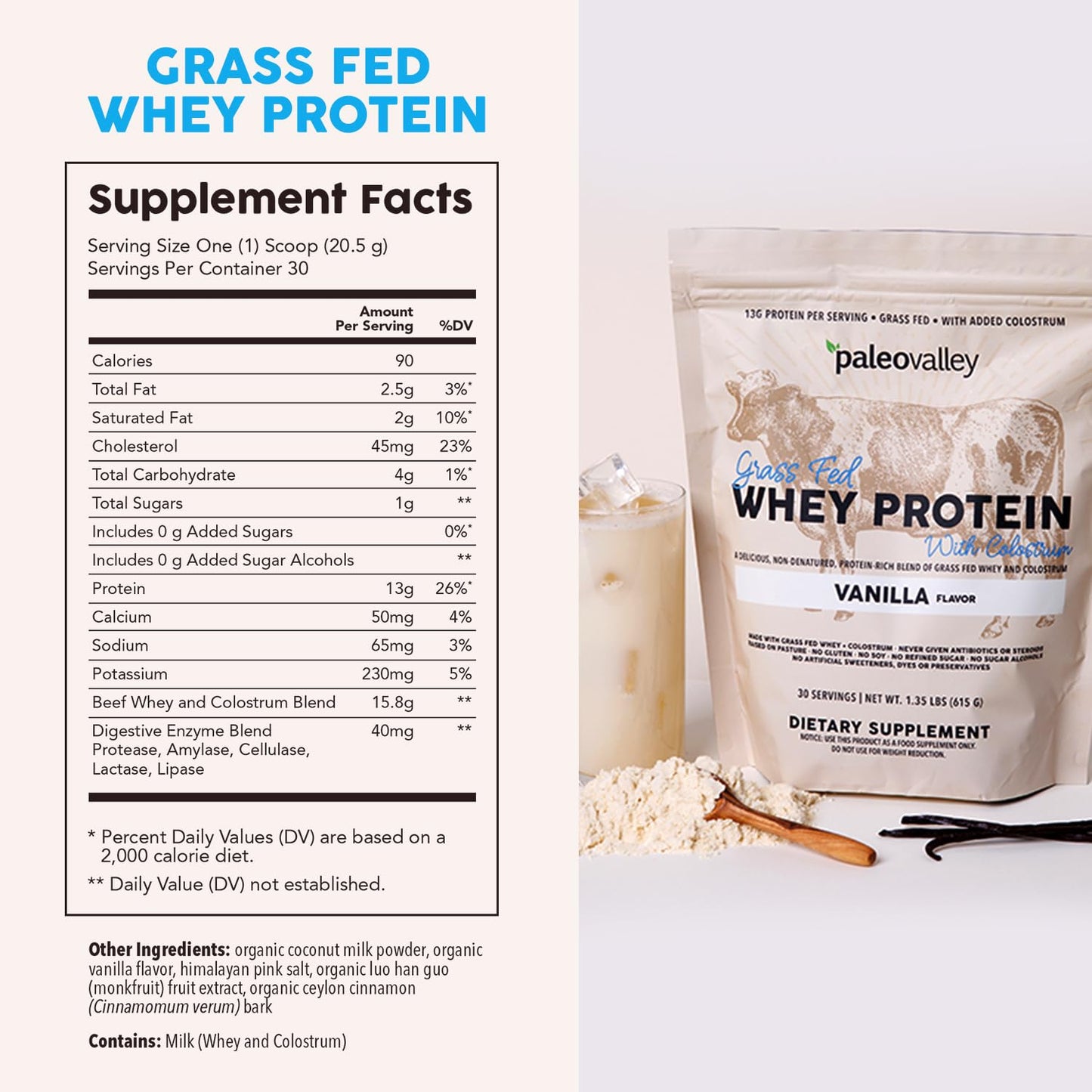 Paleovalley 100% Grassfed Whey Protein Powder with Colostrum, Vanilla, 21.6 oz