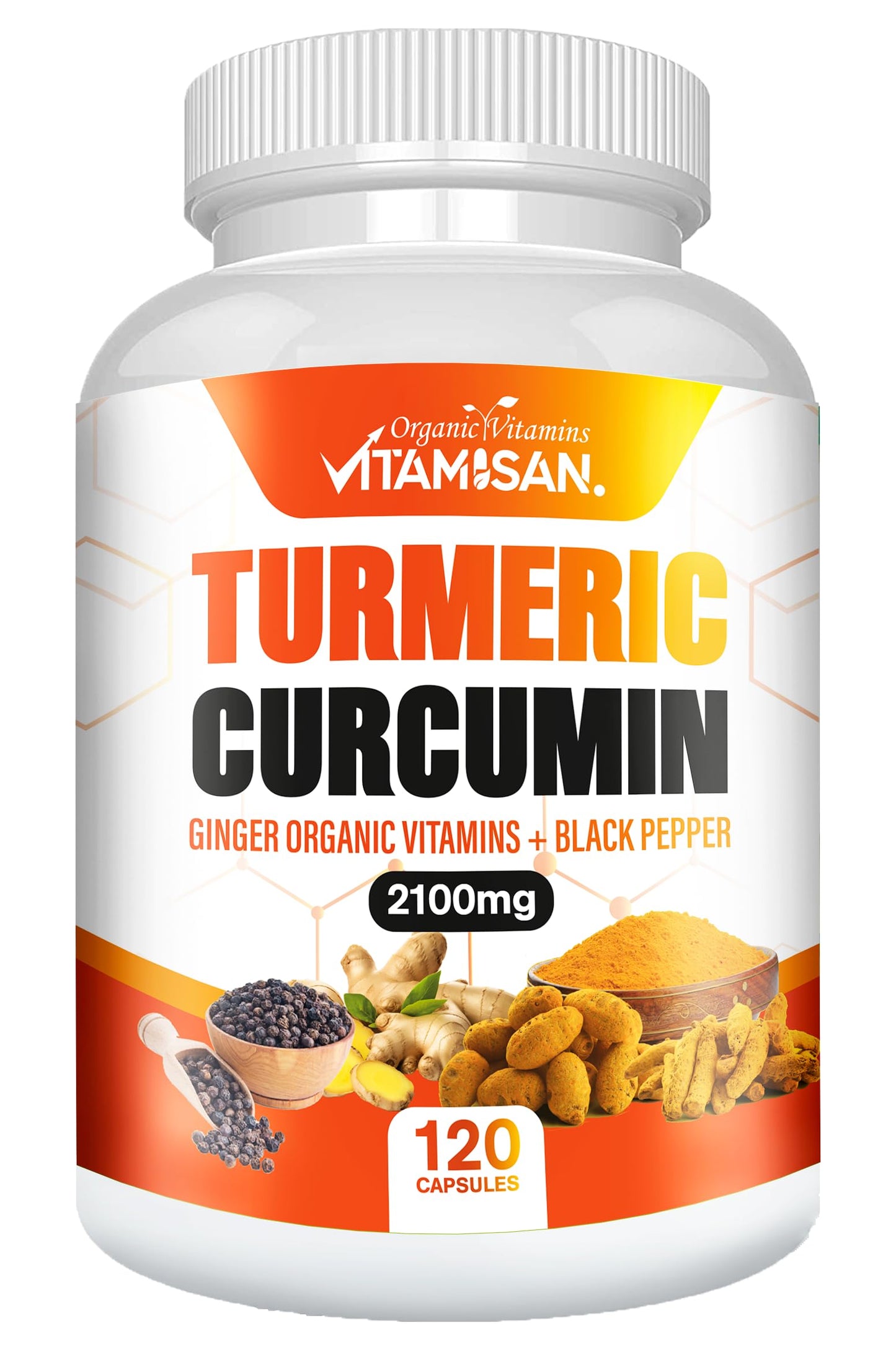 VITAMISAN Turmeric Curcumin 95% Curcuminoids with Ginger & Black Pepper 2100 mg, 120 Capsules