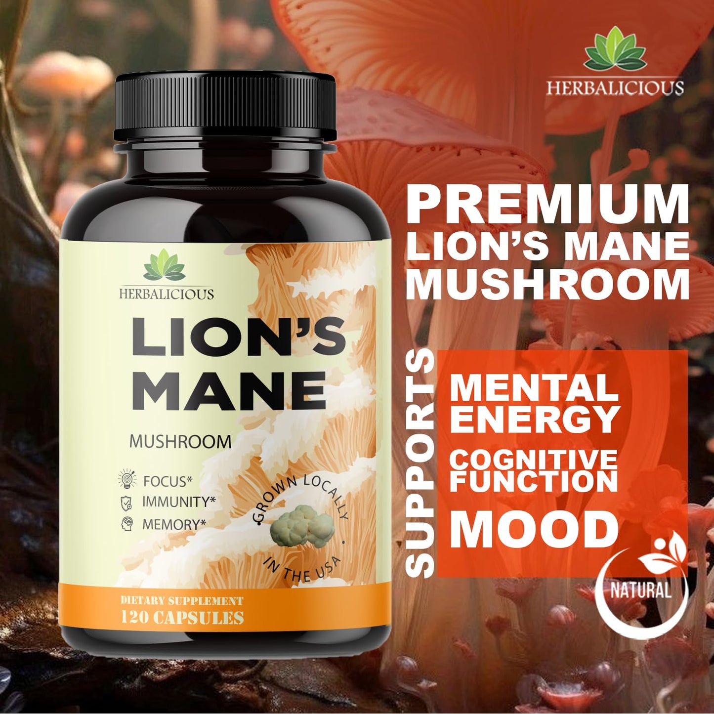 HERBALICIOUS Lion’s Mane Supplement Capsules, 120 Capsules