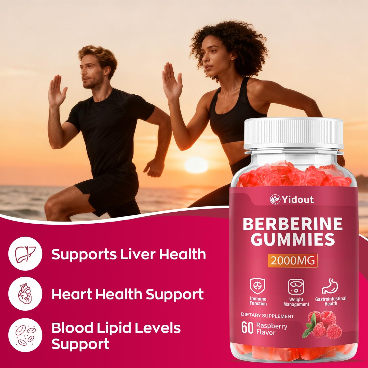 Yidout Berberine HCL 2000mg Gummies Raspberry, 60 Count