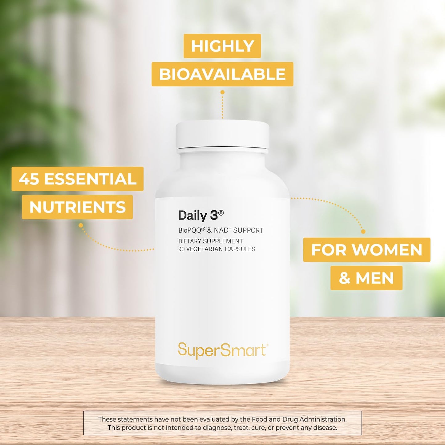 Supersmart Daily3 + Bio PQQ (All-in-One Formula) Multivitamin Capsules 90 Count