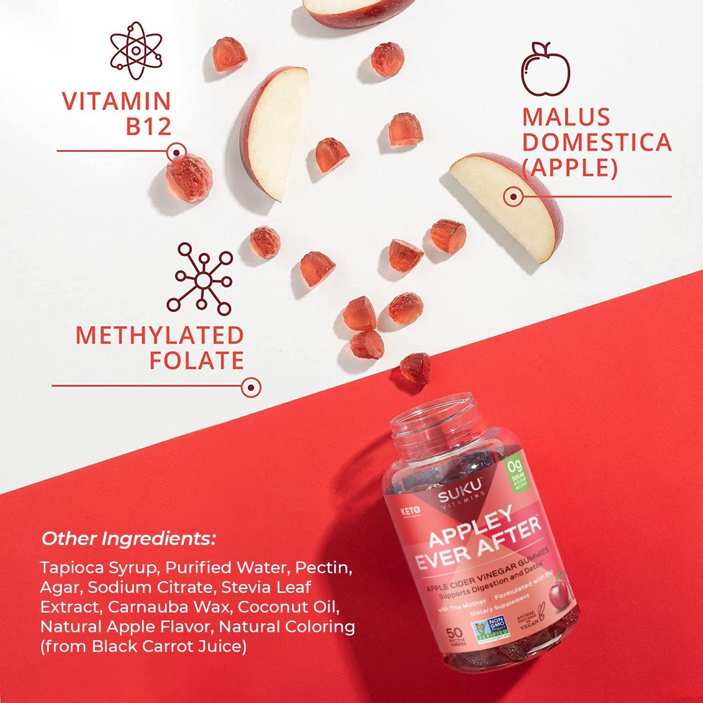 SUKU Appley Ever After Gummies Apple Cider Vinegar with Methylated B12 & Folate, 50 Count