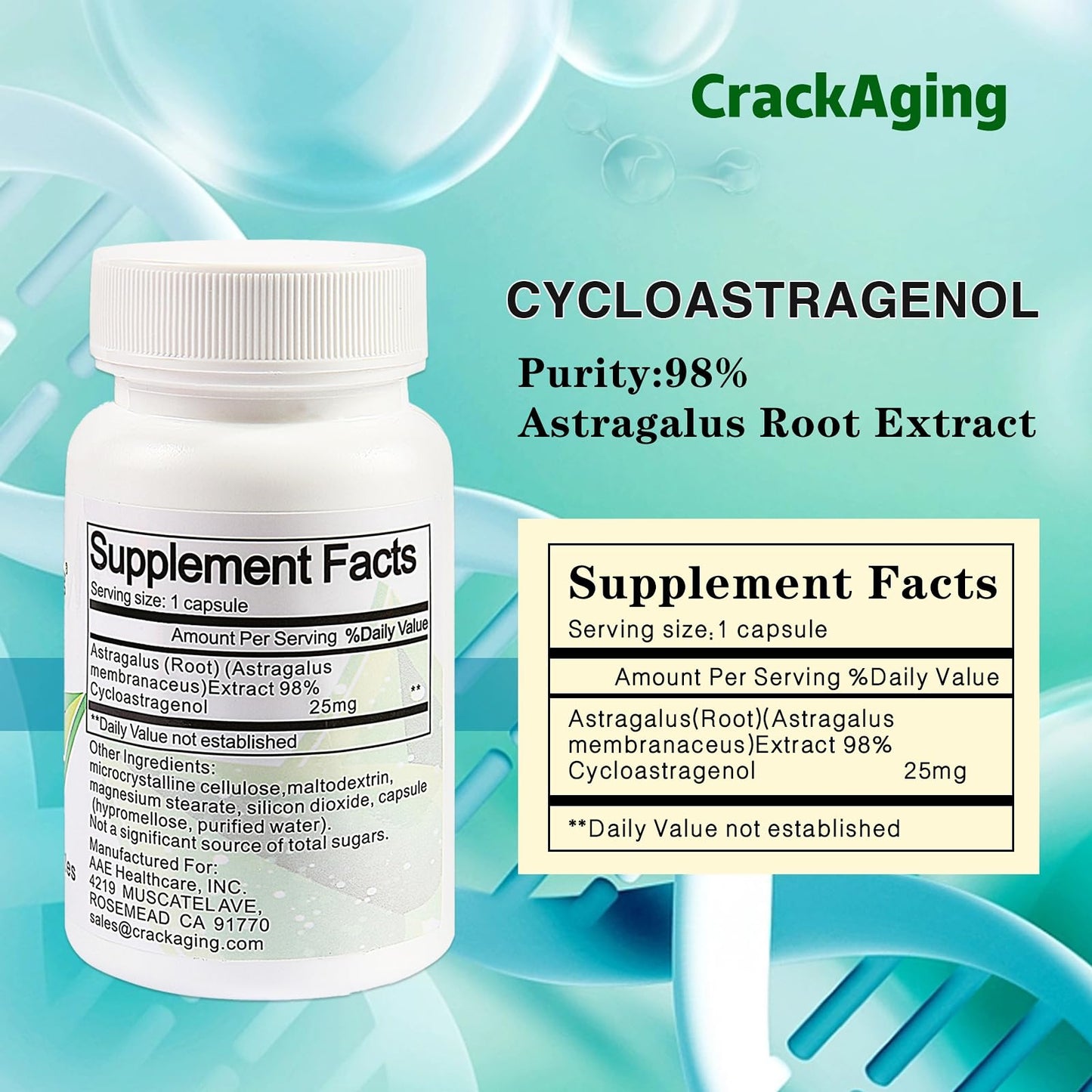 Crackaging Cycloastragenol 98% Telomere Support 25mg, 60 Capsules