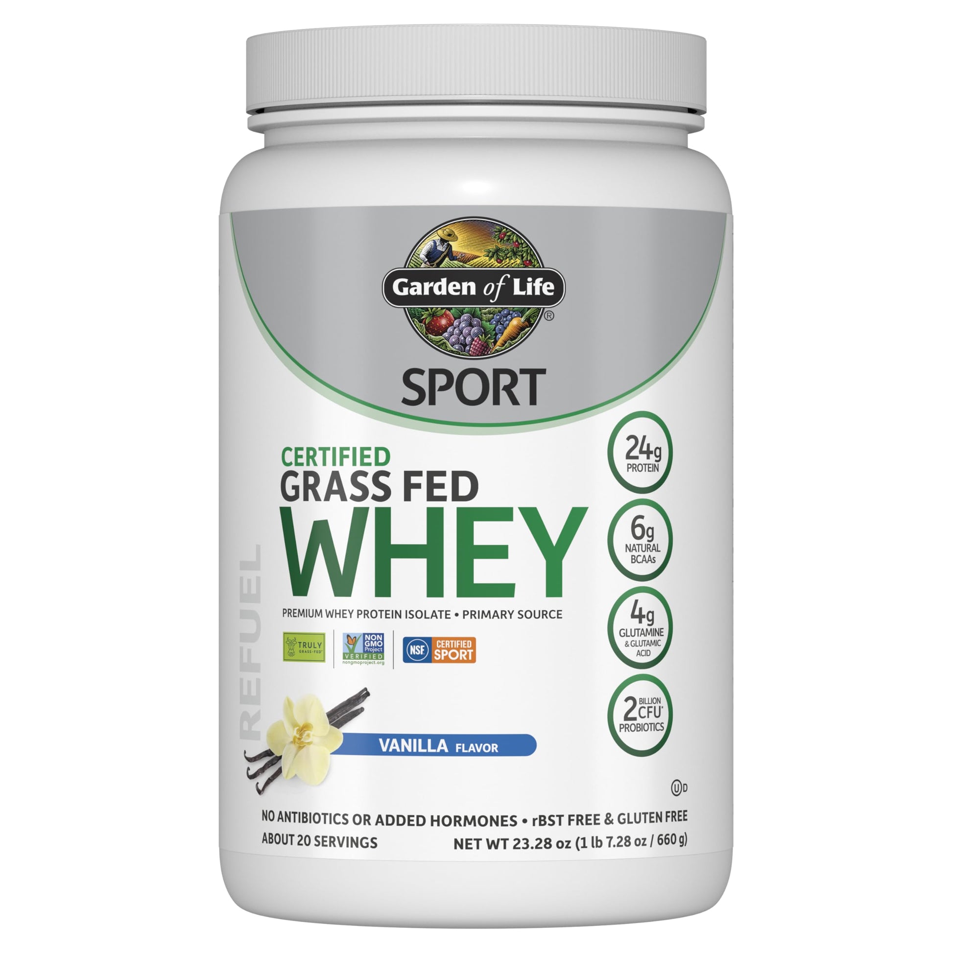 Garden of Life Sport Grass Fed Whey Protein Powder – 24g Whey Protein Isolate for Women & Men with Probiotics & Glutamine, Vanilla Flavor, Non-GMO, Gluten-Free, Cold-Processed, 20 Servings