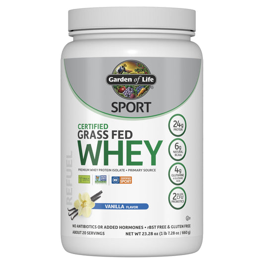Garden of Life Sport Grass Fed Whey Protein Powder – 24g Whey Protein Isolate for Women & Men with Probiotics & Glutamine, Vanilla Flavor, Non-GMO, Gluten-Free, Cold-Processed, 20 Servings