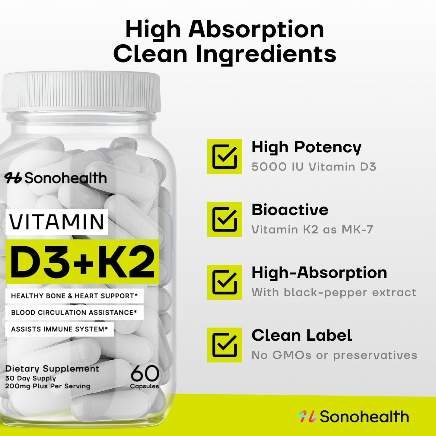 SonoHealth Vitamin D3 + K2 with BioPerine 60 Capsules