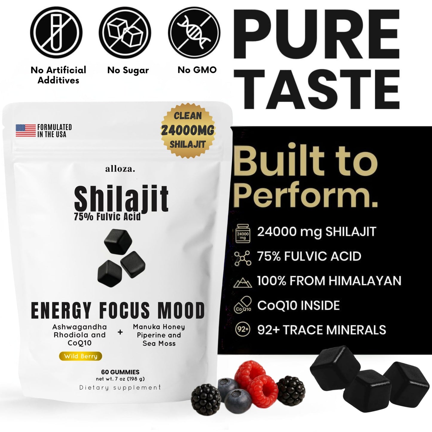 alloza Performance Shilajit Gummies with CoQ10 and Ashwagandha – Pure 7-in-1 Formula with 75% Fulvic Acid & 92+ Minerals – For Men & Women, Energy, Focus & Stress Support – 60 Gummies