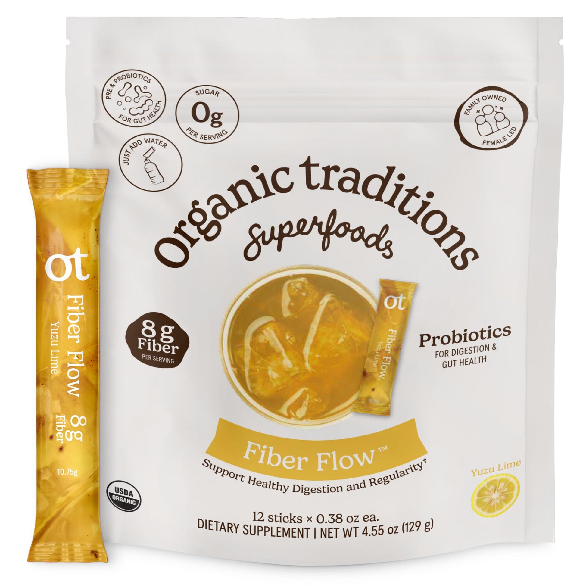 Organic Traditions Fiber Flow Sticks, Yuzu Lime Daily Blend Powder, 12 Count
