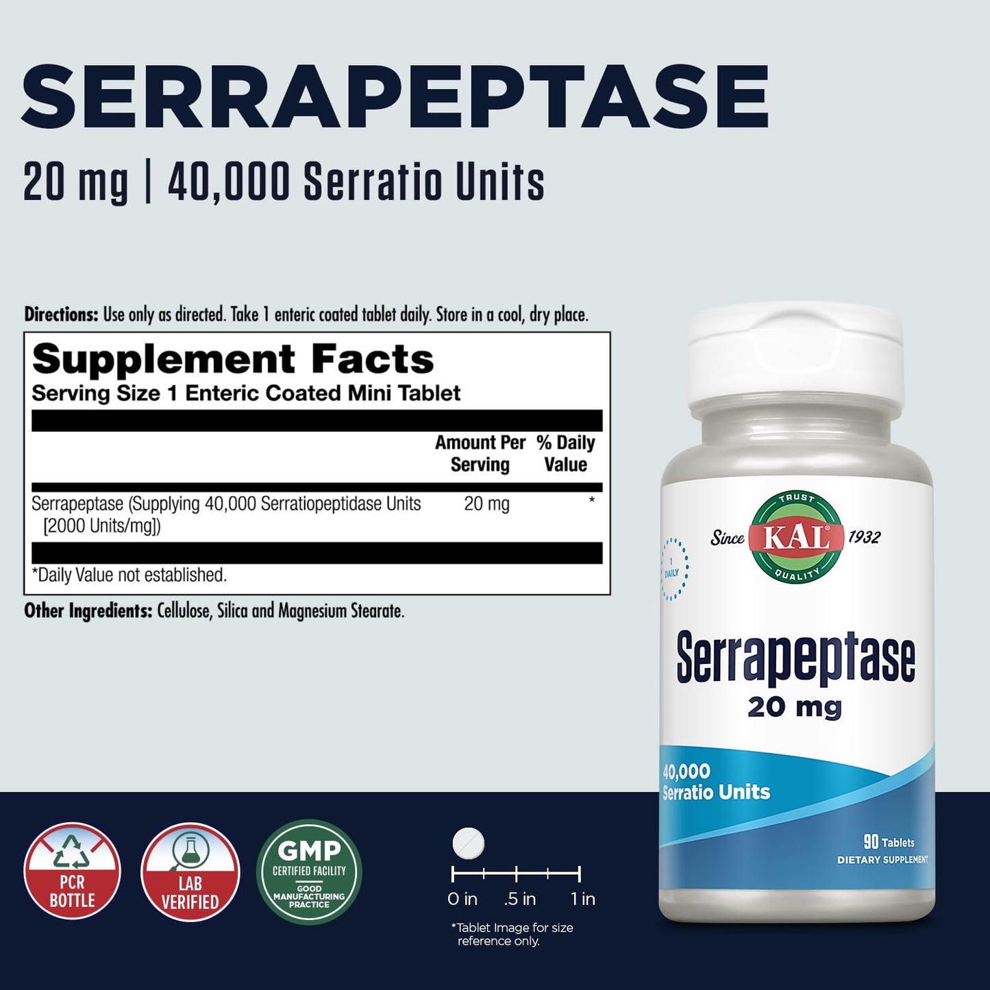 KAL Serrapeptase 20 mg Tablet - Proteolytic Digestive Enzymes for Digestive Health Support, 40,000 Serratio Units, Enteric Coated, 90 Tablets