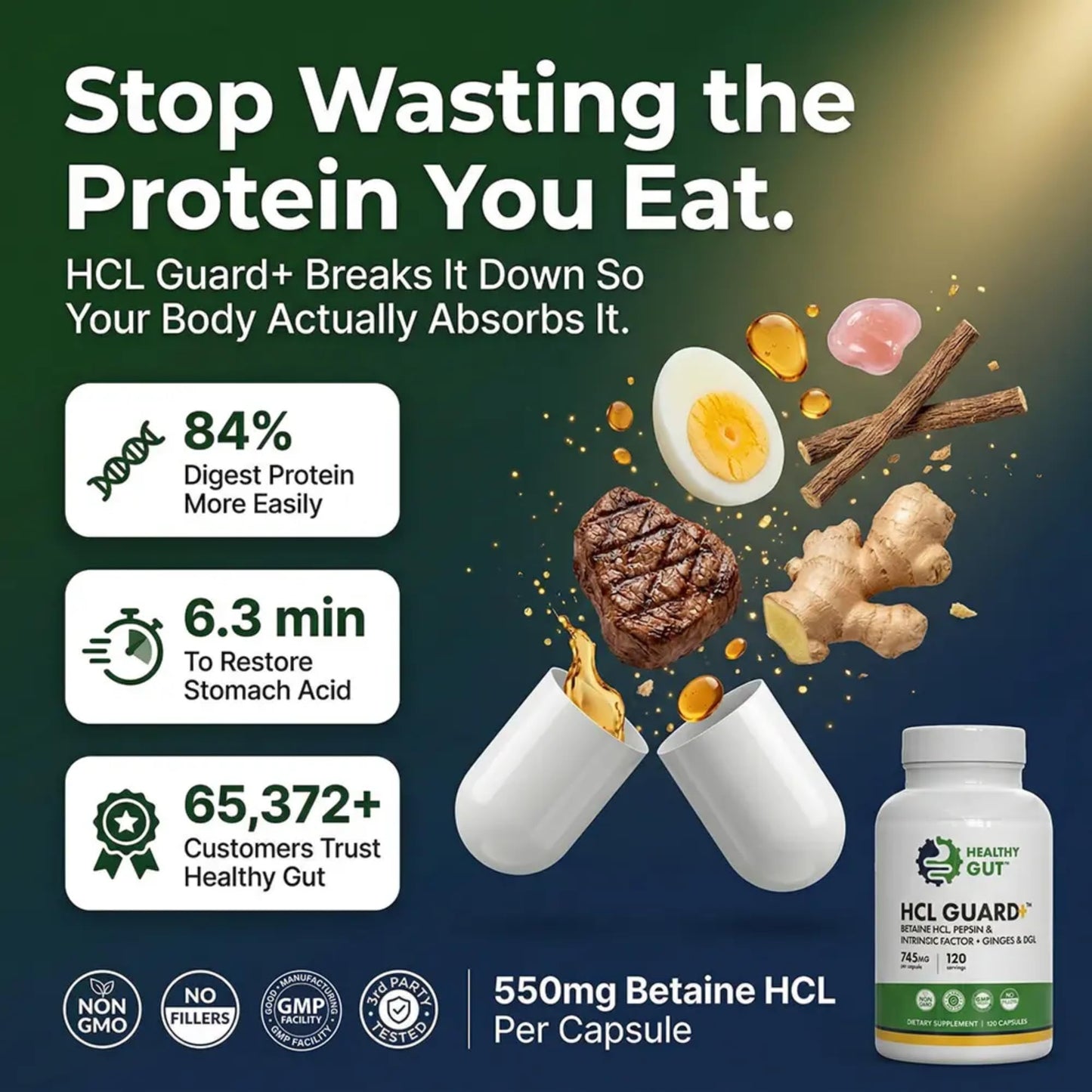 Healthy Gut HCL Guard Betaine HCl with Pepsin Capsule 120 Count