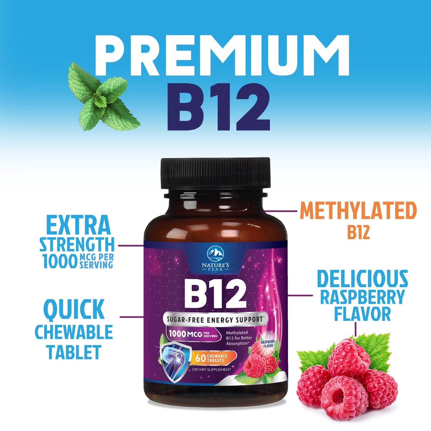 Nature's Peak Vitamin B12 Complex (Methylcobalamin) 1000 mcg - 3X Strength B12, Tablet, 60 Count