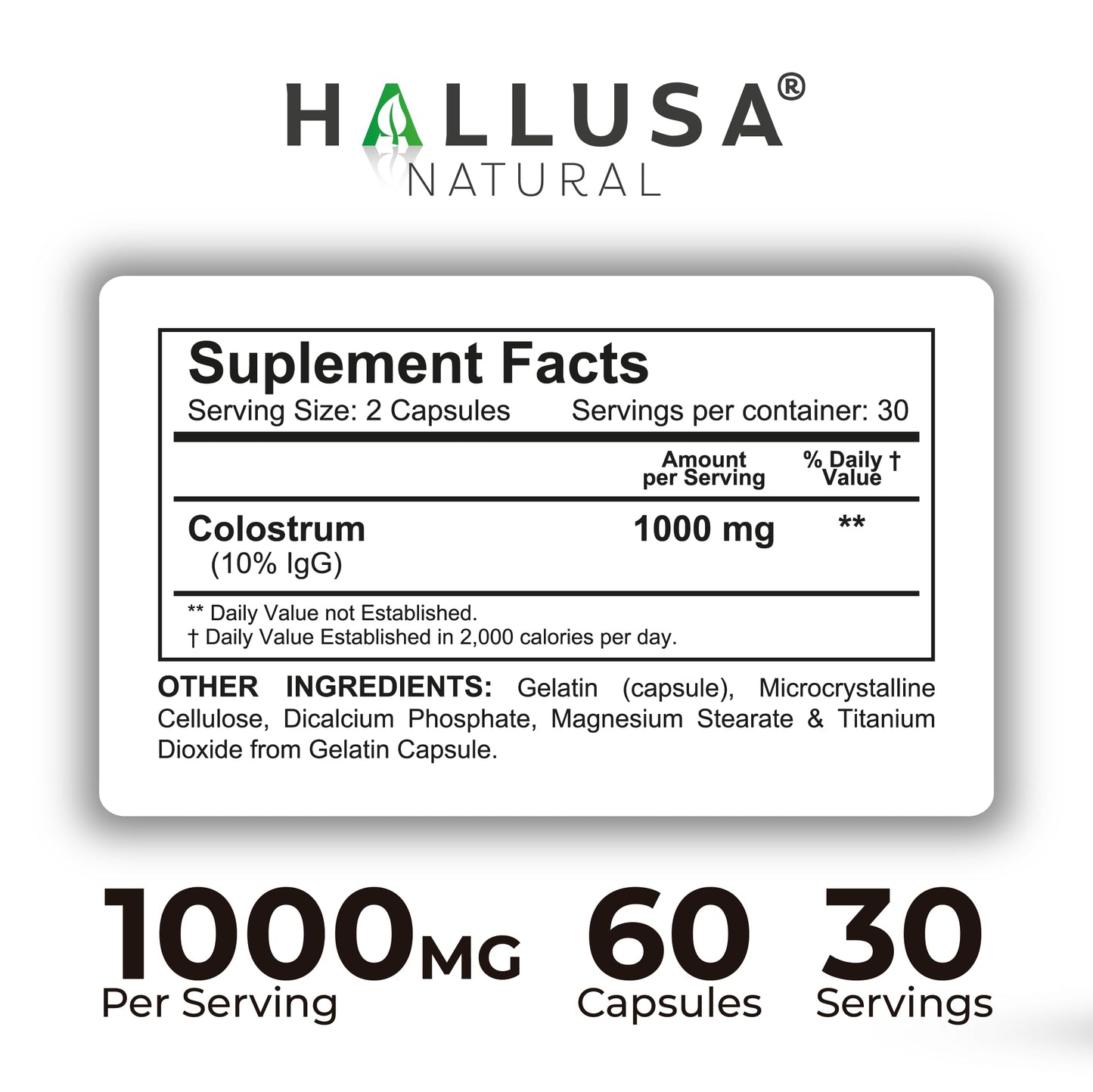 Hallusa Natural HallColostrum Colostrum Capsules 1000 mg, 60 Count
