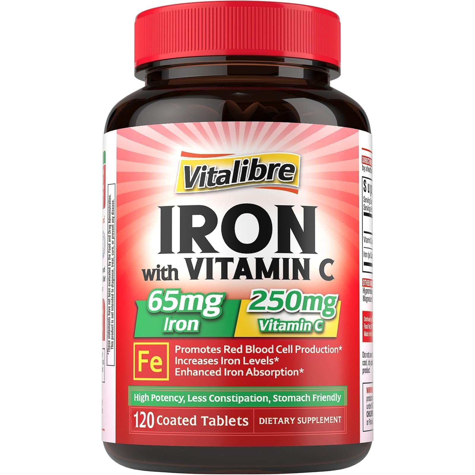 Vitalibre Iron Supplement with Carbonyl Iron 65mg and Vitamin C 250mg, Tablets, 120 Count