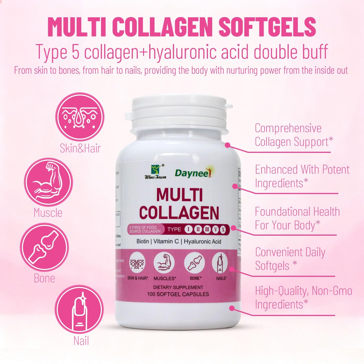 Wins Town Multi Collagen Peptides Softgels - Type I, II, III, V, X with Hyaluronic Acid, Vitamin C & Biotin, Supports Skin, Hair, Nails, Bones & Muscles, 100 Softgels