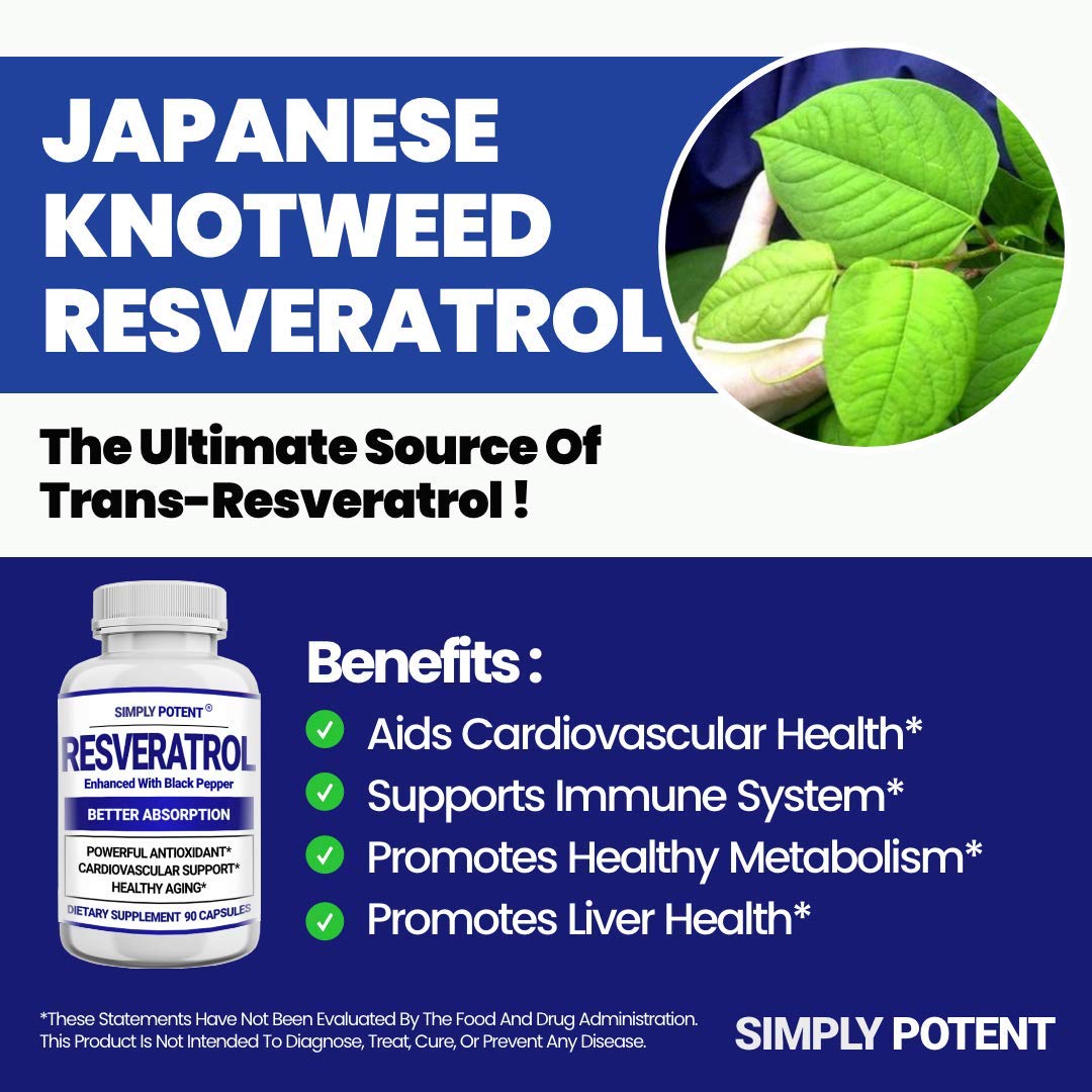 Simply Potent Resveratrol 1000mg Supplement with Black Pepper for Max Absorption, 90 Capsules