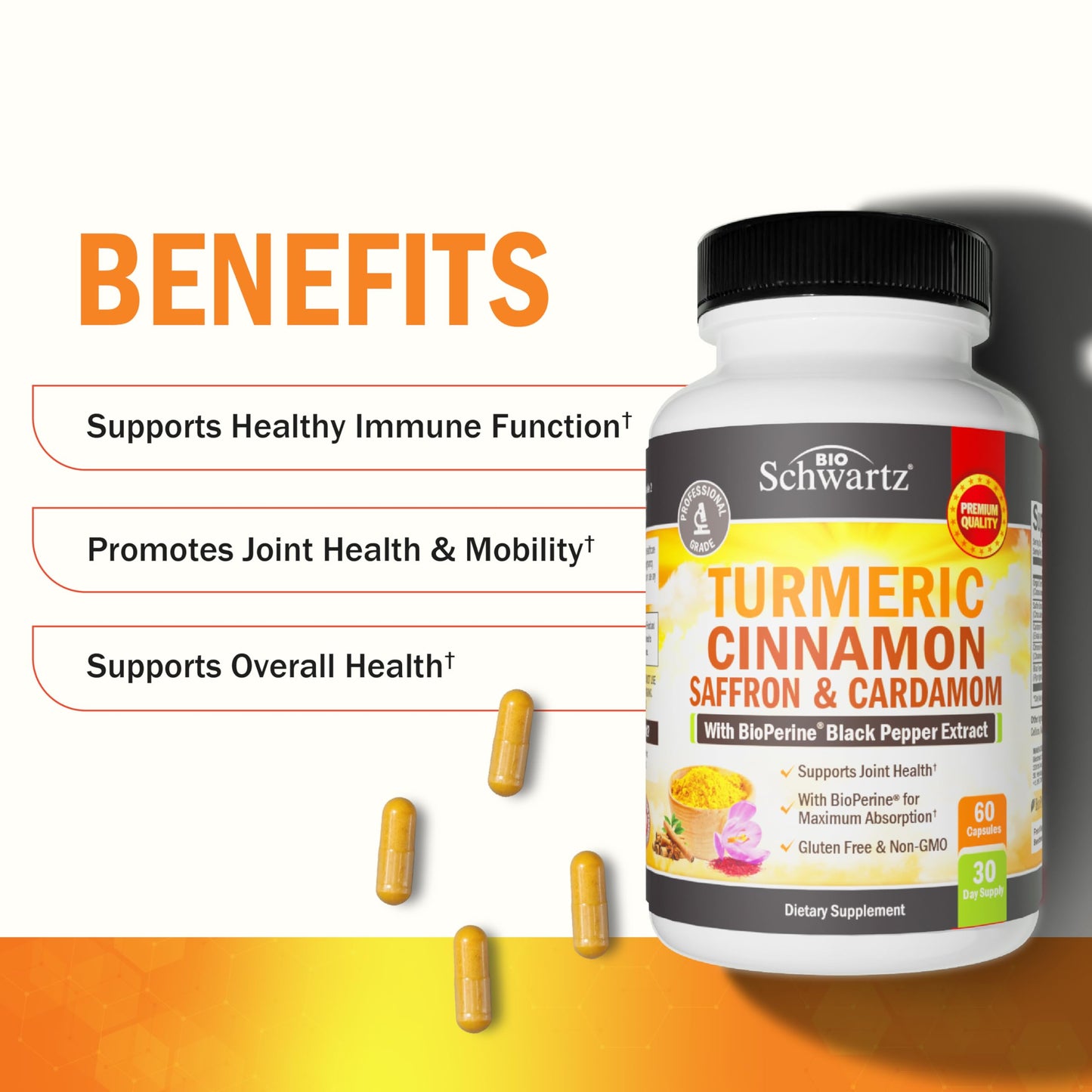 BioSchwartz Turmeric Supplement with Saffron, Cinnamon and Cardamom Plus BioPerine Black Pepper Extract for Optimal Absorption, 60 Capsules
