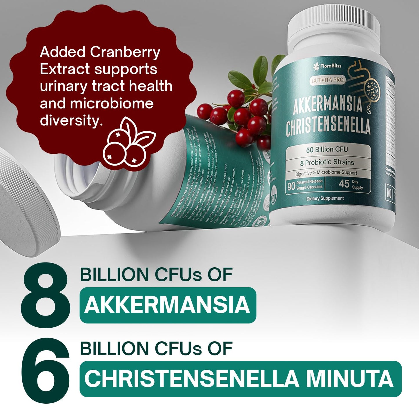 FloraBliss Probiotic with Christensenella & Akkermansia, 8 Strains, 50 Billion CFU, 90 Capsules