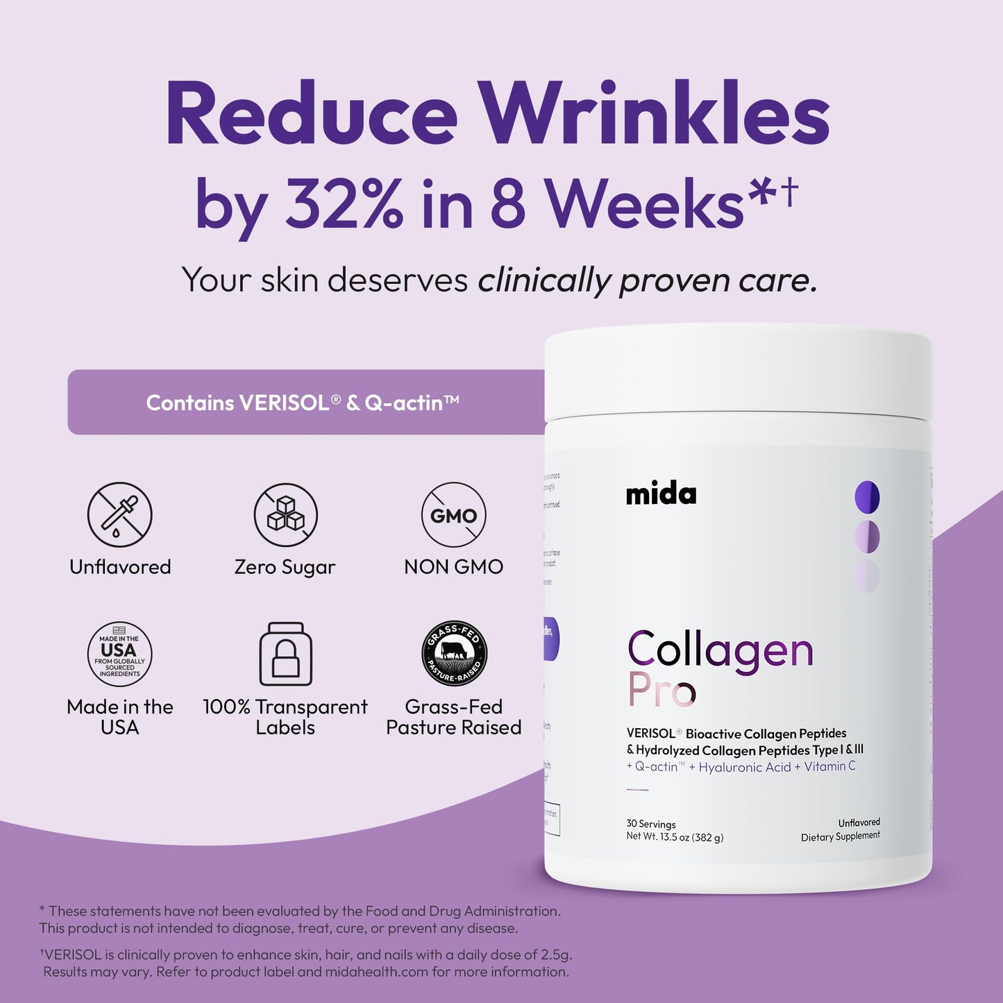Mida Health VERISOL Hydrolyzed Collagen Peptides Type I & III with Vitamin C, Hyaluronic Acid, Biotin, Q-ACTIN Powder, 13.5 oz