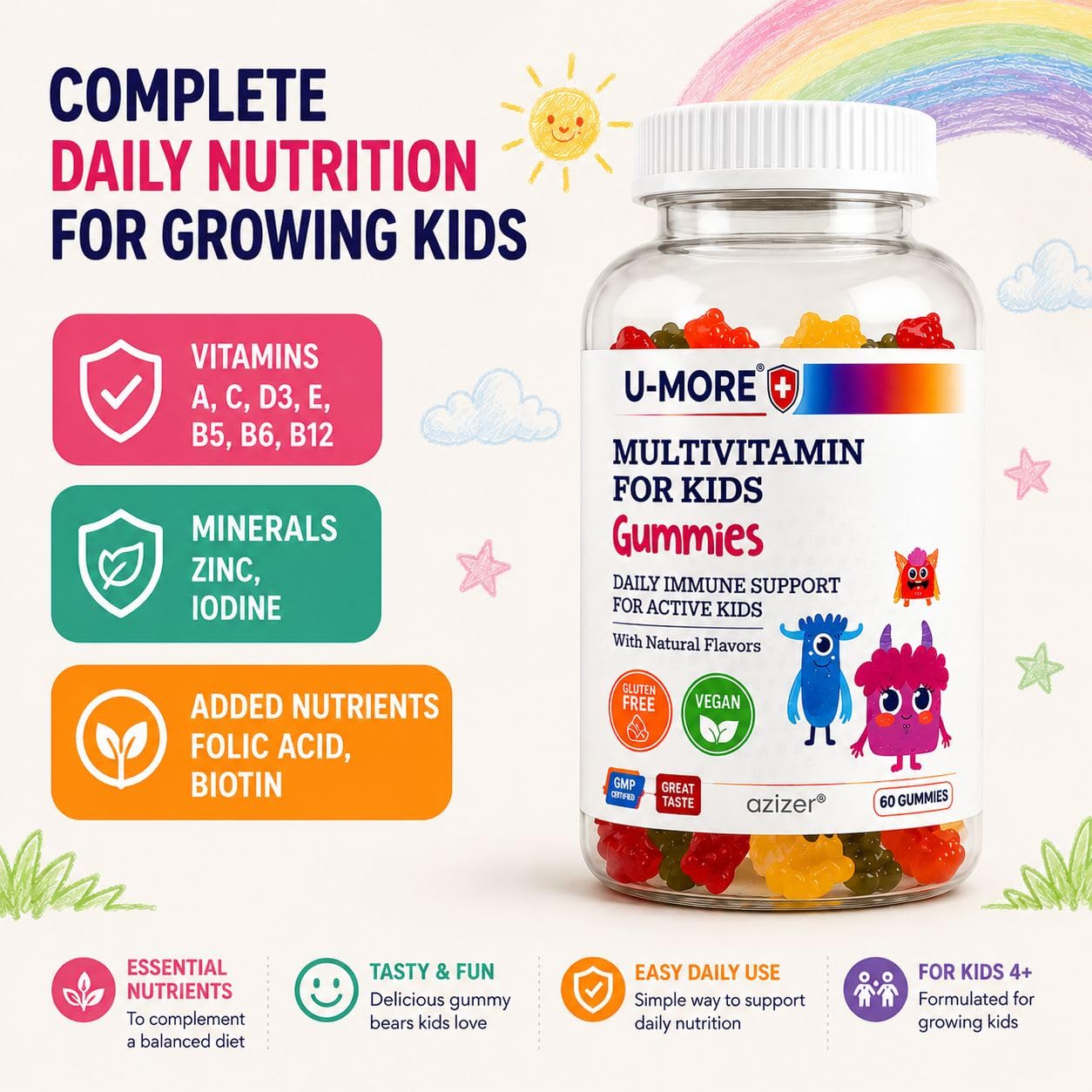 U-MORE Kids Multivitamin Gummies, 60 Gummies