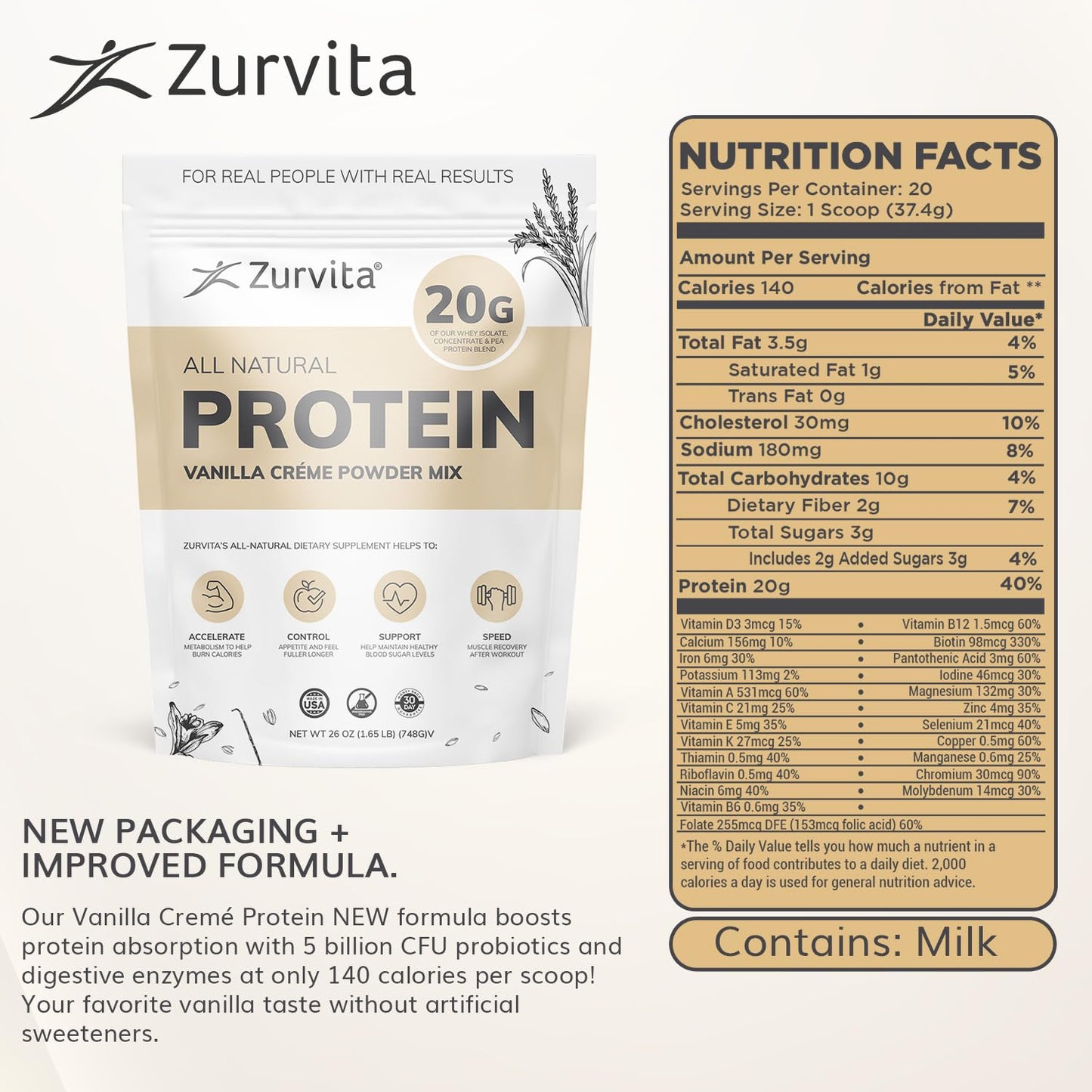 Zurvita Vanilla Crème Protein Powder, 26 oz