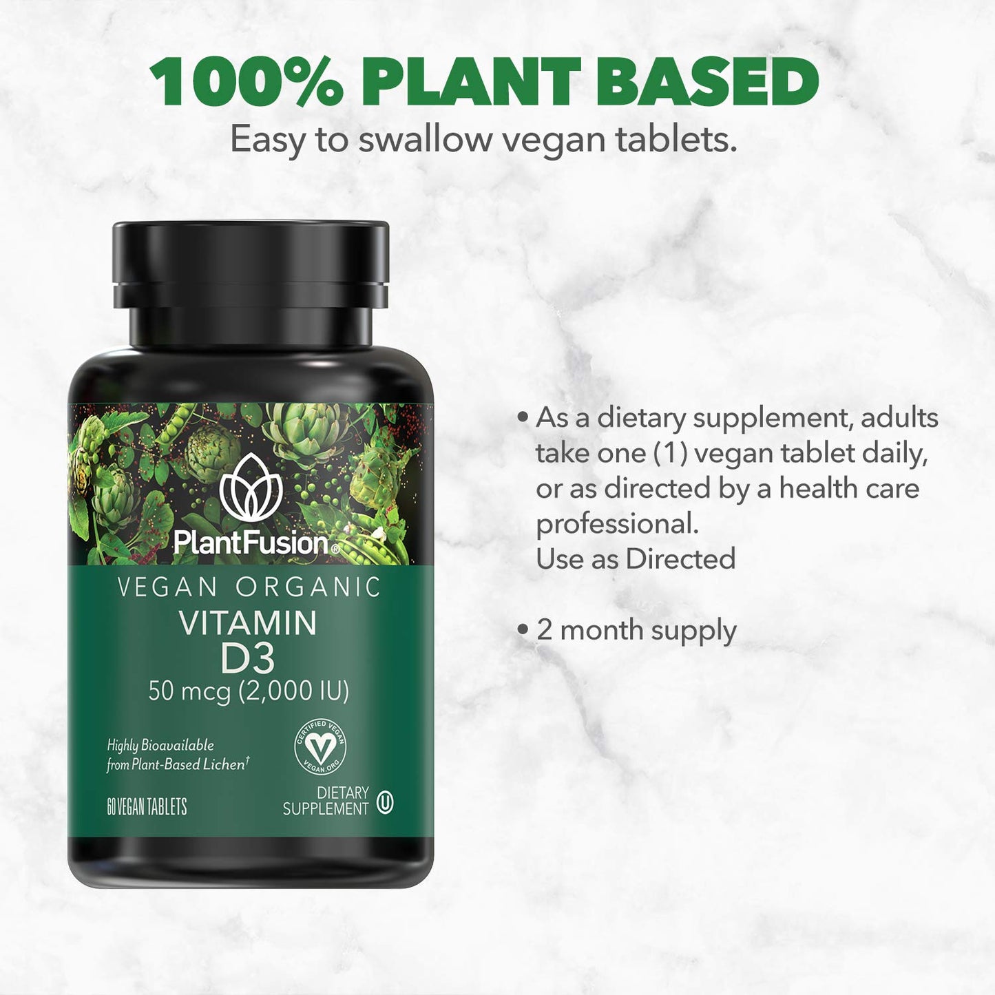 PlantFusion Vegan Vitamin D3 2000IU, 60 Tablets