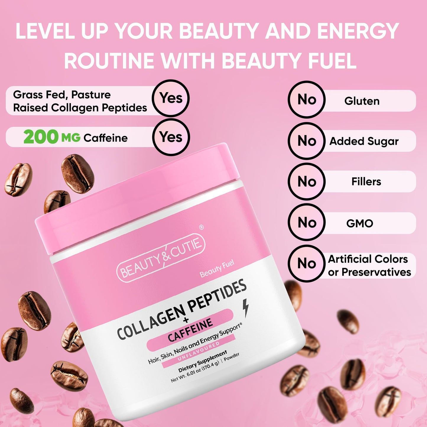 BEAUTY AND CUTIE Collagen Peptides with Caffeine 200 mg Powder 6.01 oz