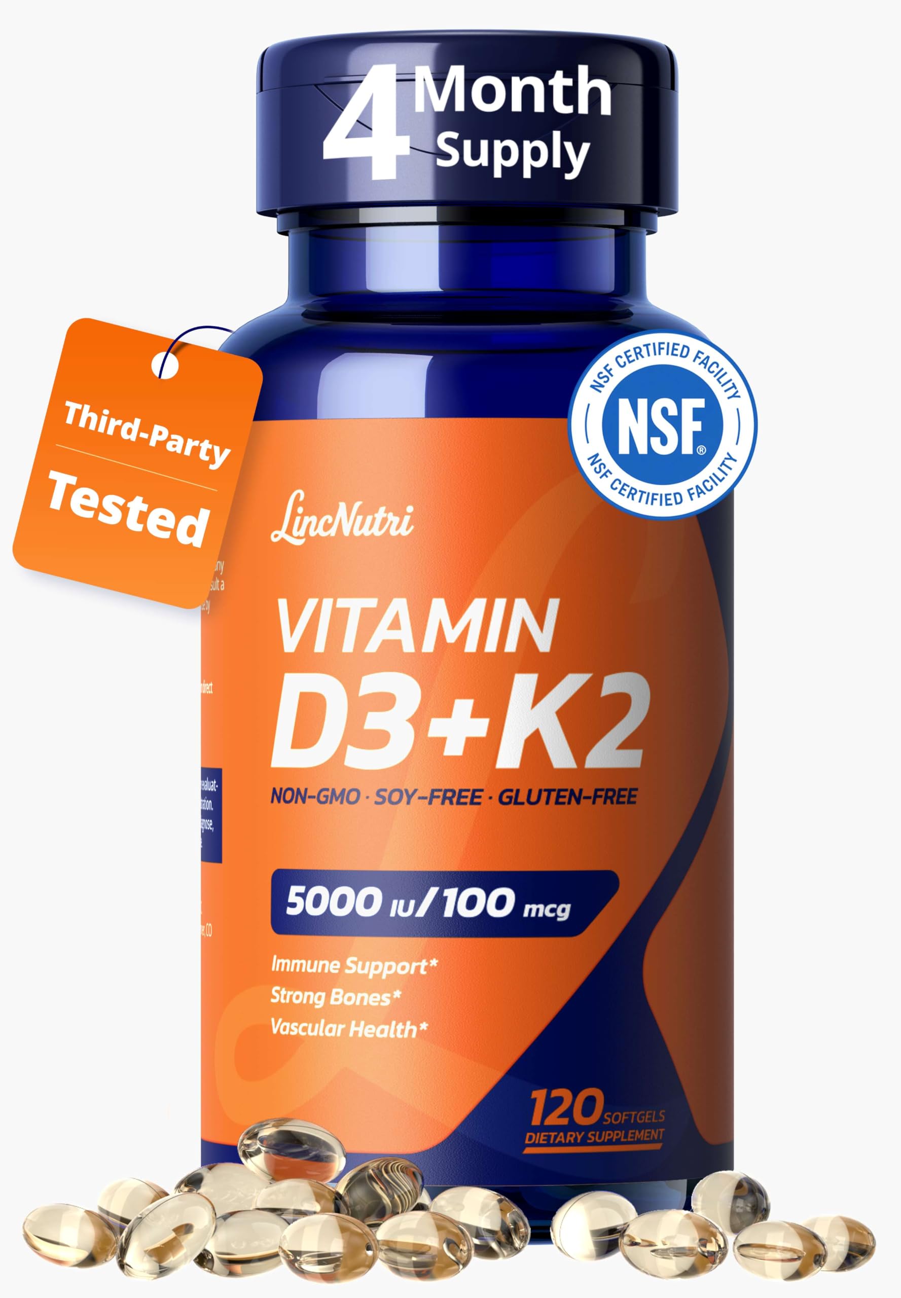 LincNutri Vitamin D3 K2 5000IU MK-7 100mcg Softgels 120 Count