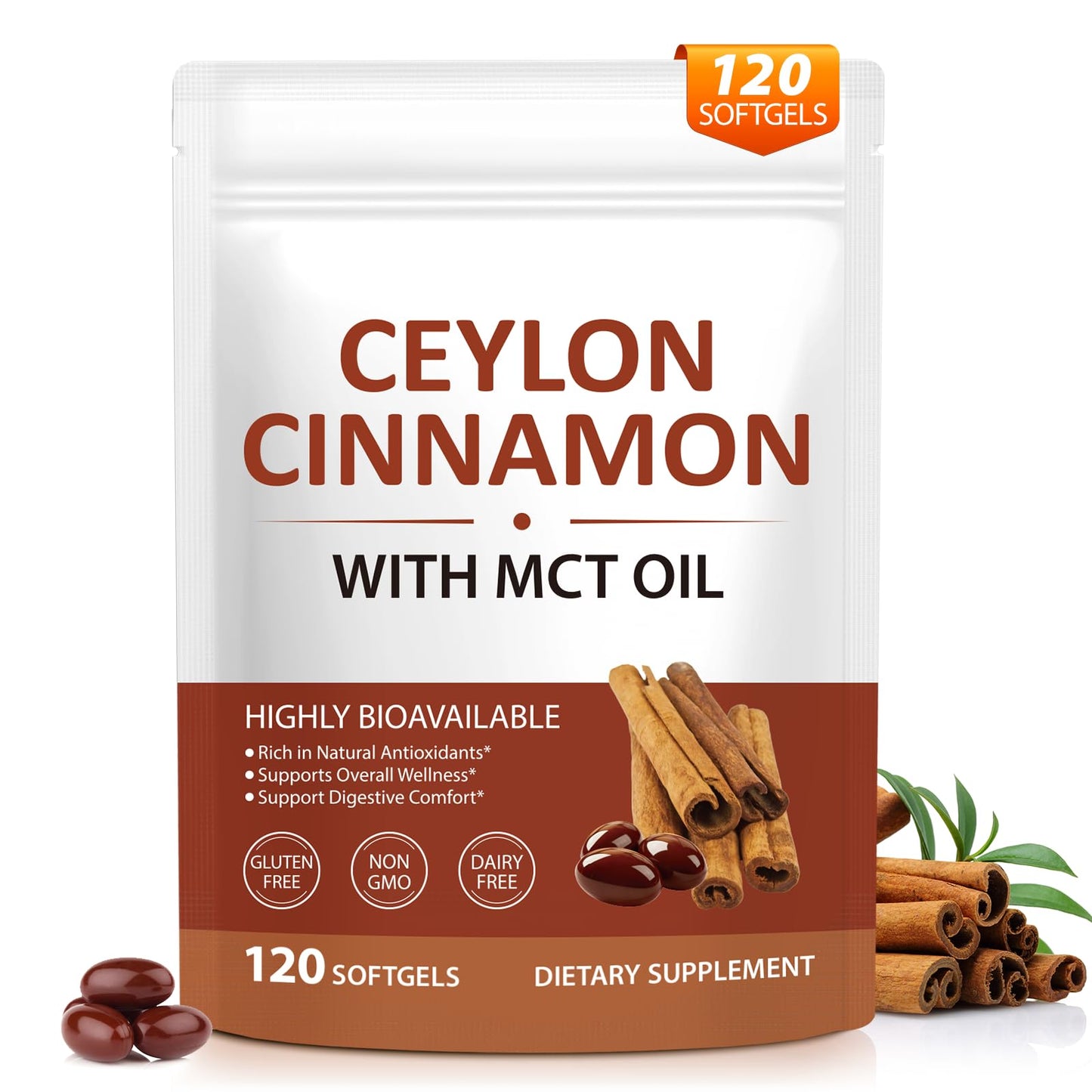 TAKNFDMY Ceylon Cinnamon Capsules with MCT Oil - 600mg True Cinnamon Extract Supports Digestive Comfort & Antioxidant - Non-GMO, Gluten-Free - 120 Capsules