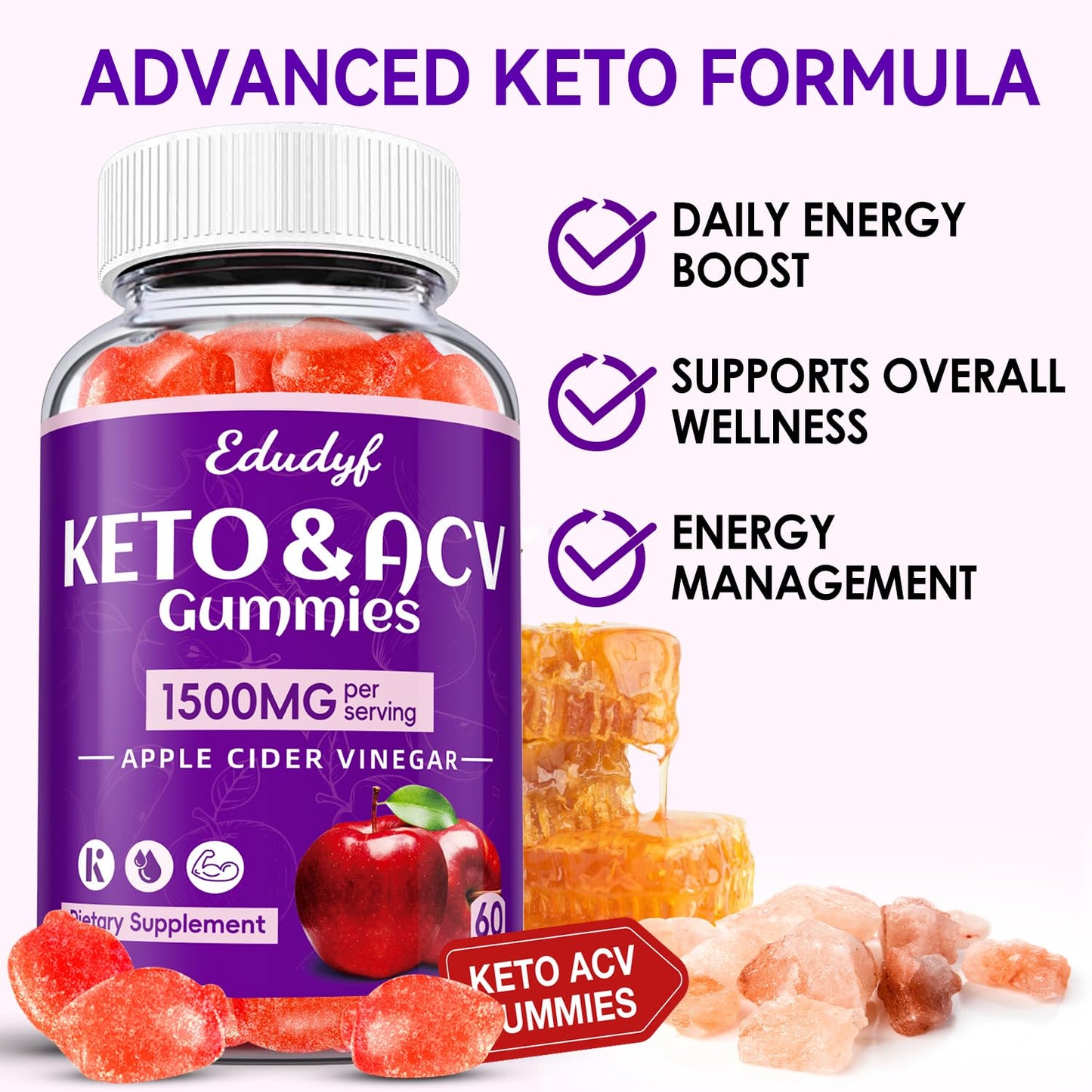 EDUDYF Keto ACV Gummies 1500mg Apple Cider Vinegar with Probiotics, B12 and Keto Support, Detox & Cleanse, GMO Free & Vegan, 60 Count