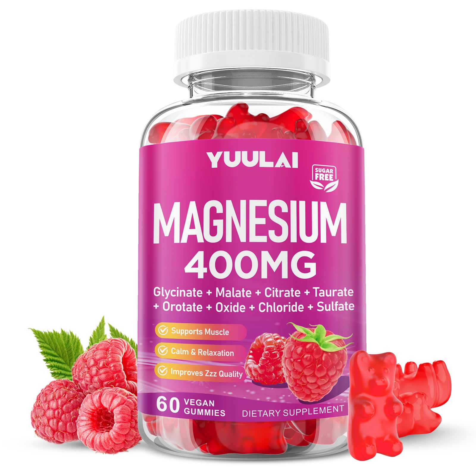 YUULAI Magnesium Complex 400mg Gummies, 60 Count