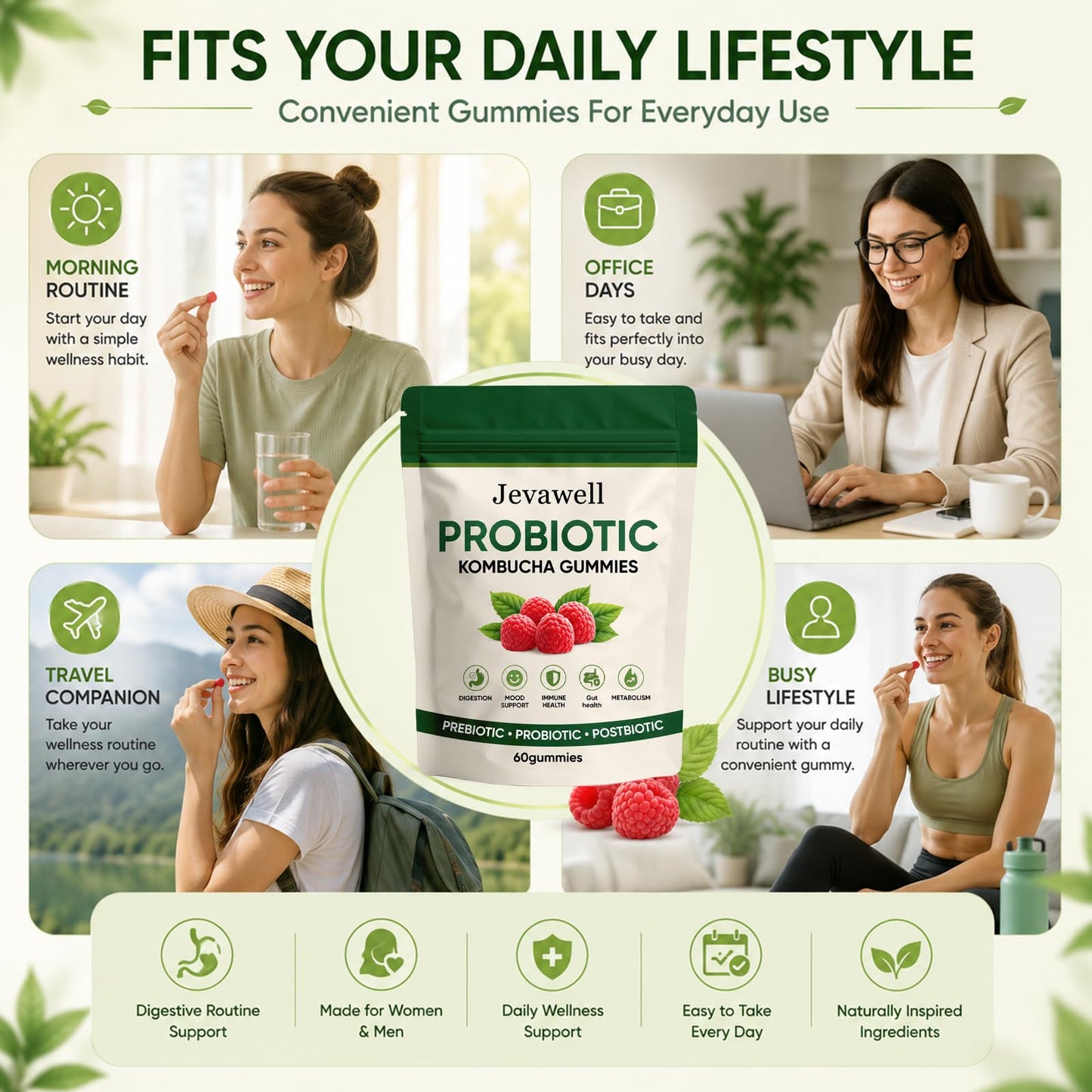 Hanachi Jevawell Kombucha Gummies with Prebiotics & Fiber, Infuse Probiotic Kombucha Gummies for Women with Slippery Elm, Dandelion Root & MCT Oil, Daily Digestive Wellness Supplement, 60 Gummies