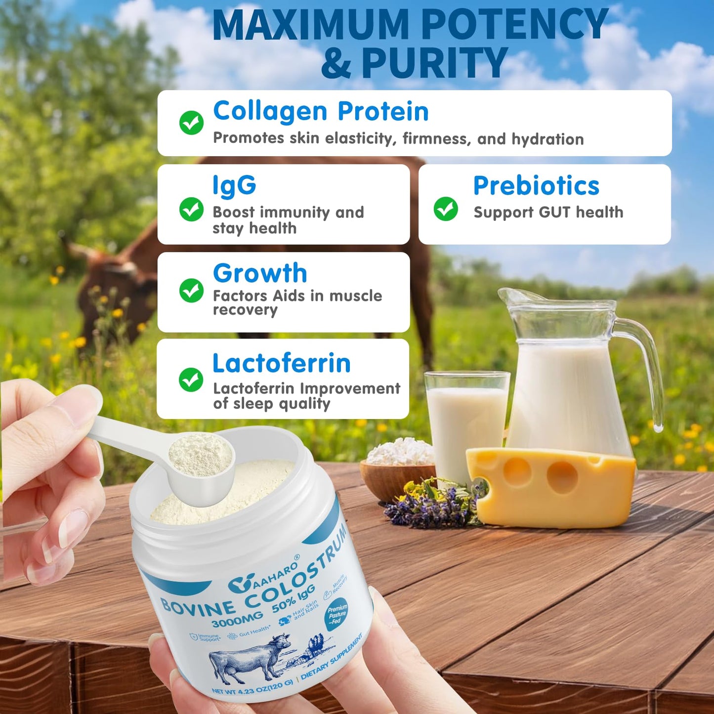YAAHARO Colostrum Powder - Bovine Colostrum Supplement with Collagen Peptides, 4.23 oz