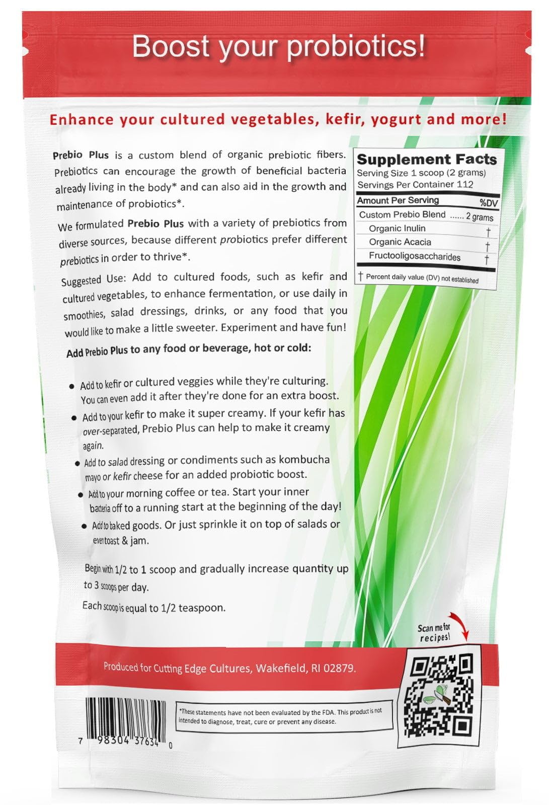 Cutting Edge Cultures Prebio Plus Prebiotic Fiber Powder 8 oz