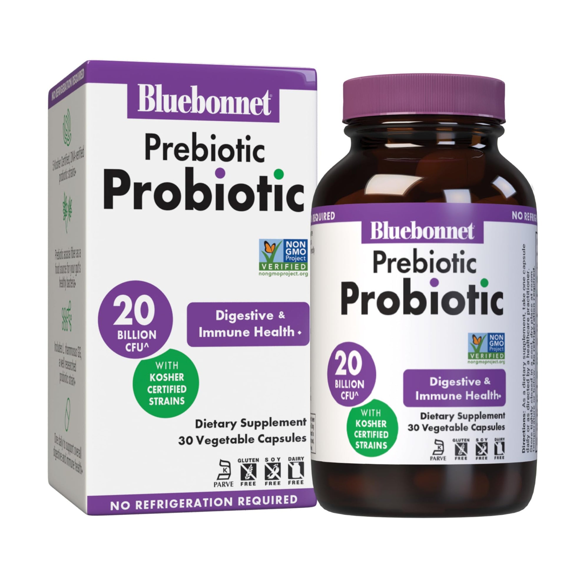 BlueBonnet Prebiotic Probiotic 20 Billion CFU Shelf Stable - 5 Kosher Certified Strains – Digestion, Gut, & Immune* - Non-GMO, Gluten-Free, Soy-Free - 30 Vegetable Capsules