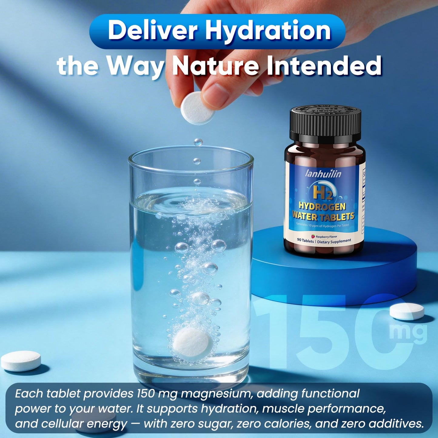 lanhuilin Hydrogen Water with Magnesium 150mg, 10 PPM Molecular Hydrogen for Drinking Water, H2 Hydrogen Water Supplement for Brain Health, Raspberry, 90 Tablets